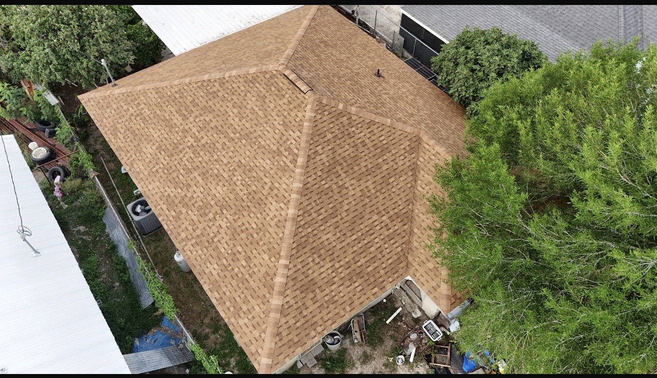 Residential shingle roof viewed from above